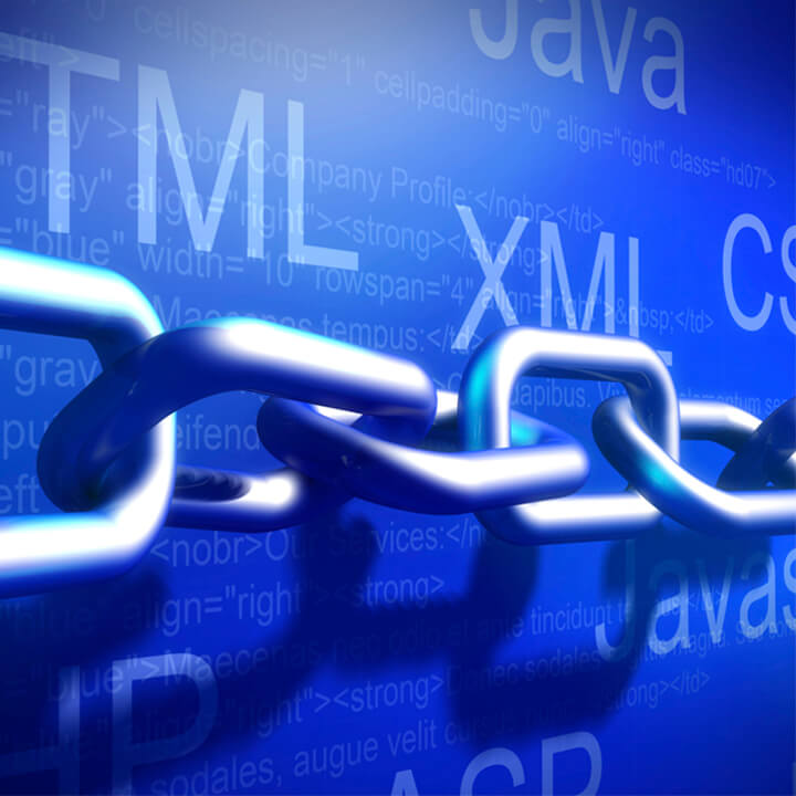 Metal chain with a blue background behind and programming code names